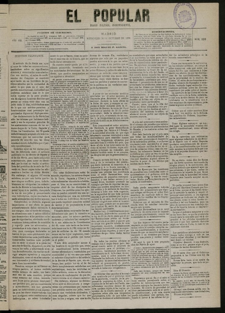 Miniatura de El Popular: diario independiente, político, literario y de noticias de interés general del 18 de octubre de 1876, nº 2213