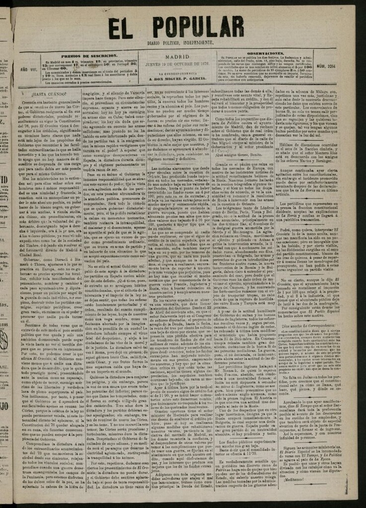 Miniatura de El Popular: diario independiente, político, literario y de noticias de interés general del 19 de octubre de 1876, nº 2214