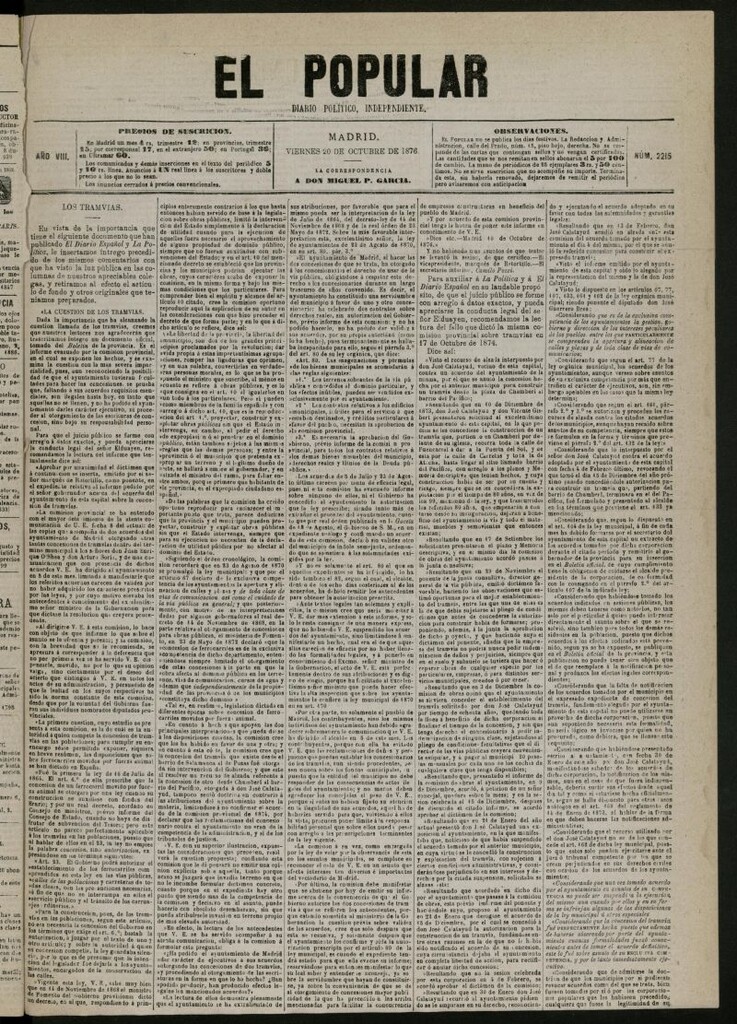 Miniatura de El Popular: diario independiente, político, literario y de noticias de interés general del 20 de octubre de 1876, nº 2215