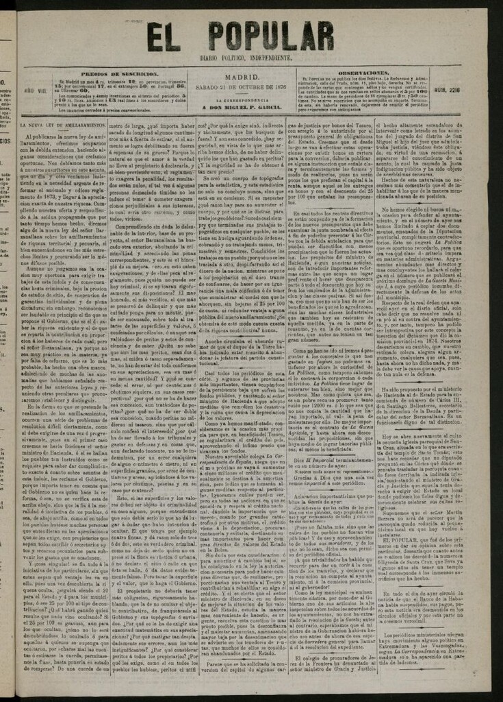 Miniatura de El Popular: diario independiente, político, literario y de noticias de interés general del 21 de octubre de 1876, nº 2216