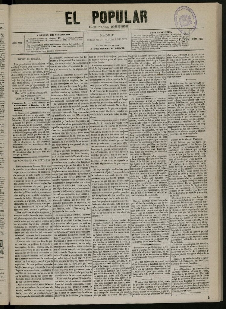 Miniatura de El Popular: diario independiente, político, literario y de noticias de interés general del 23 de octubre de 1876, nº 2217