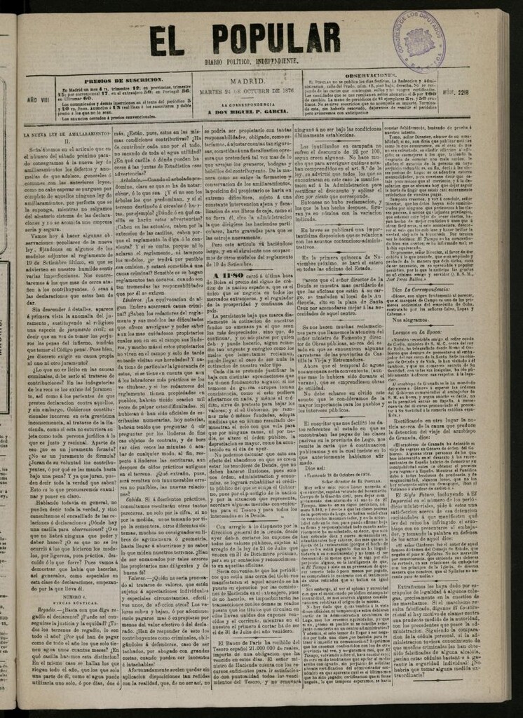 Miniatura de El Popular: diario independiente, político, literario y de noticias de interés general del 24 de octubre de 1876, nº 2218