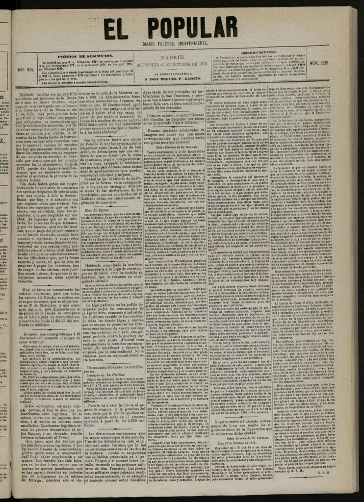Miniatura de El Popular: diario independiente, político, literario y de noticias de interés general del 25 de octubre de 1876, nº 2219