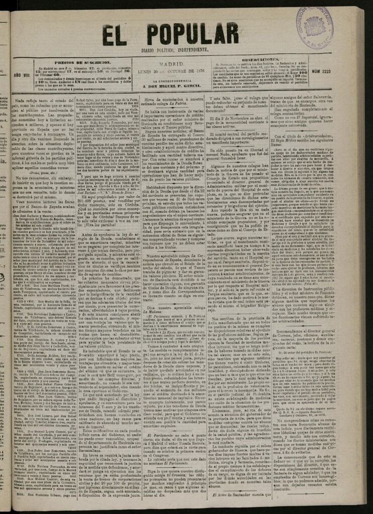 Miniatura de El Popular: diario independiente, político, literario y de noticias de interés general del 30 de octubre de 1876, nº 2223