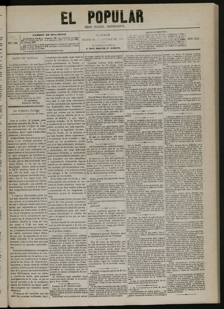 Miniatura de El Popular: diario independiente, político, literario y de noticias de interés general del 31 de octubre de 1876, nº 2224