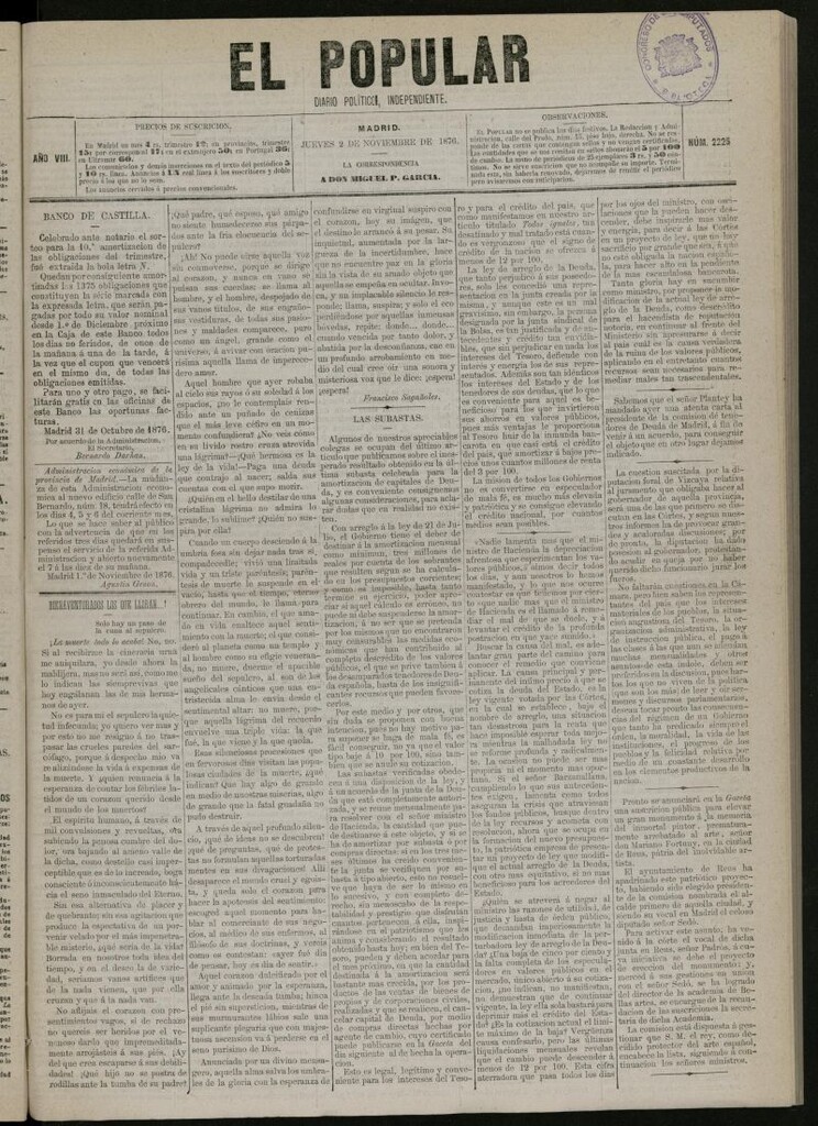 Miniatura de El Popular: diario independiente, político, literario y de noticias de interés general del 2 de noviembre de 1876, nº 2225
