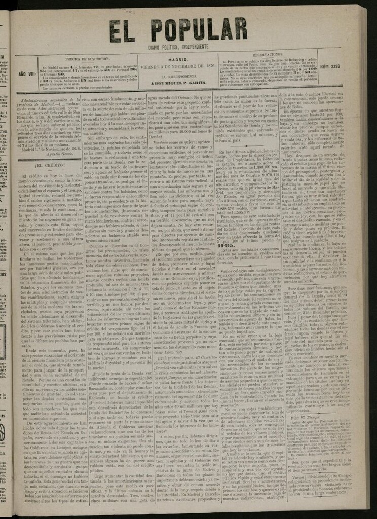 Miniatura de El Popular: diario independiente, político, literario y de noticias de interés general del 3 de noviembre de 1876, nº 2226