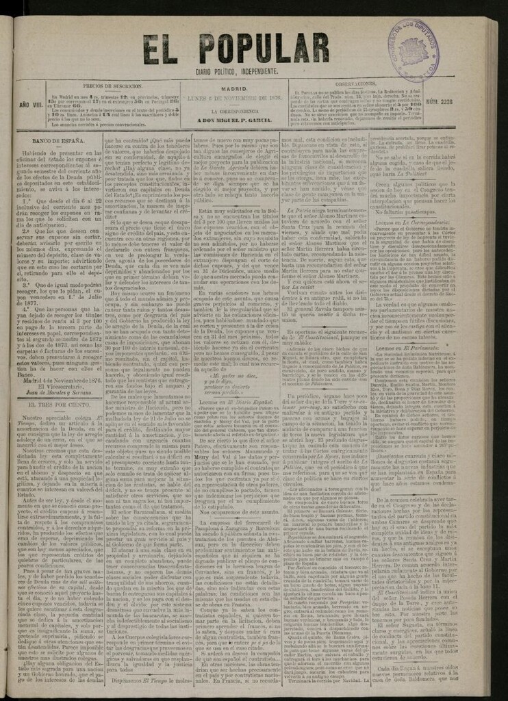 Miniatura de El Popular: diario independiente, político, literario y de noticias de interés general del 6 de noviembre de 1876, nº 2228