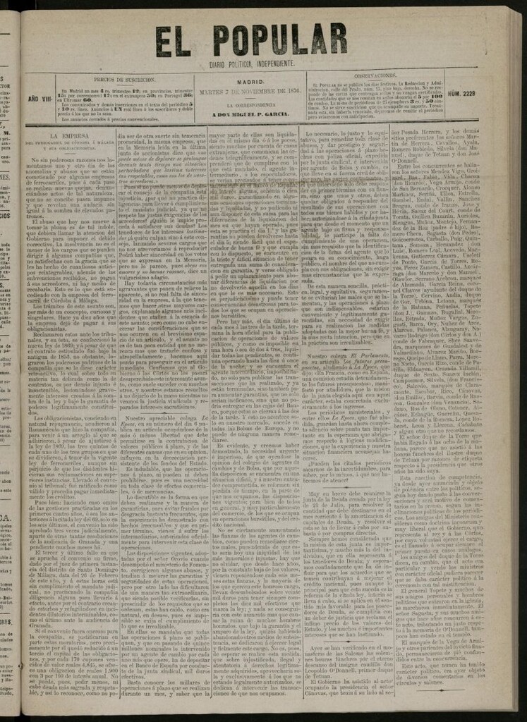 Miniatura de El Popular: diario independiente, político, literario y de noticias de interés general del 7 de noviembre de 1876, nº 2229