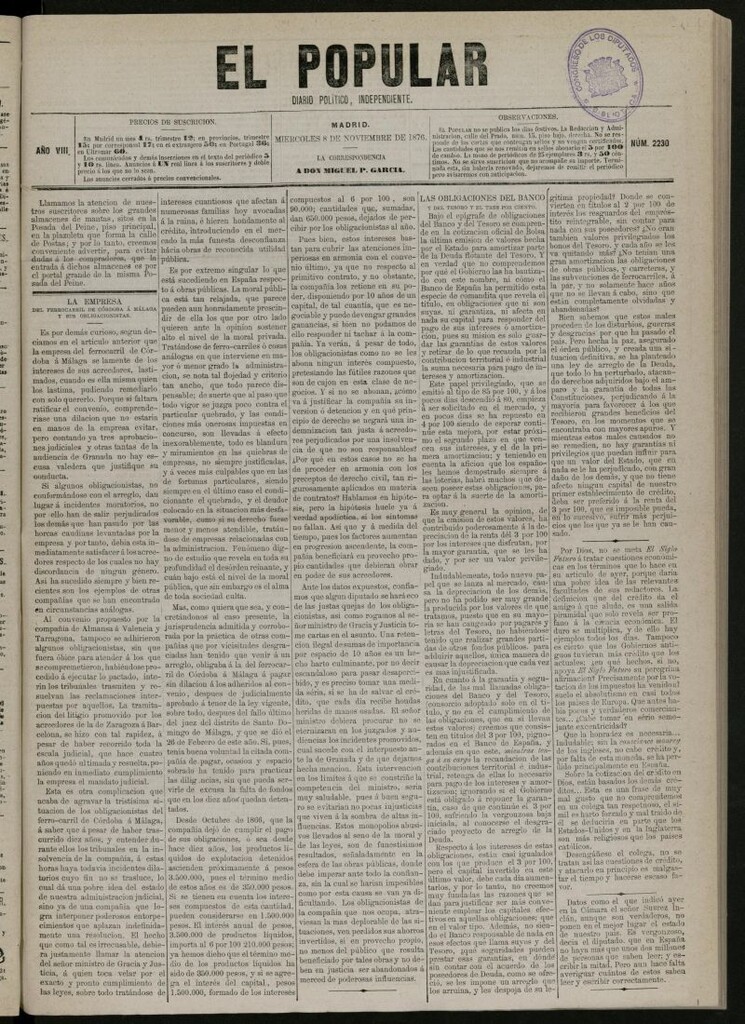 Miniatura de El Popular: diario independiente, político, literario y de noticias de interés general del 8 de noviembre de 1876, nº 2230