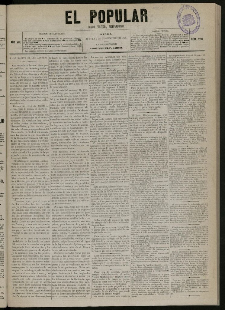 Miniatura de El Popular: diario independiente, político, literario y de noticias de interés general del 9 de noviembre de 1876, nº 2231