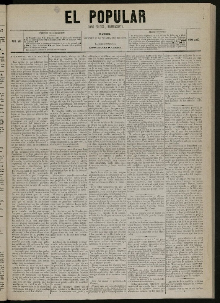 Miniatura de El Popular: diario independiente, político, literario y de noticias de interés general del 10 de noviembre de 1876, nº 2232
