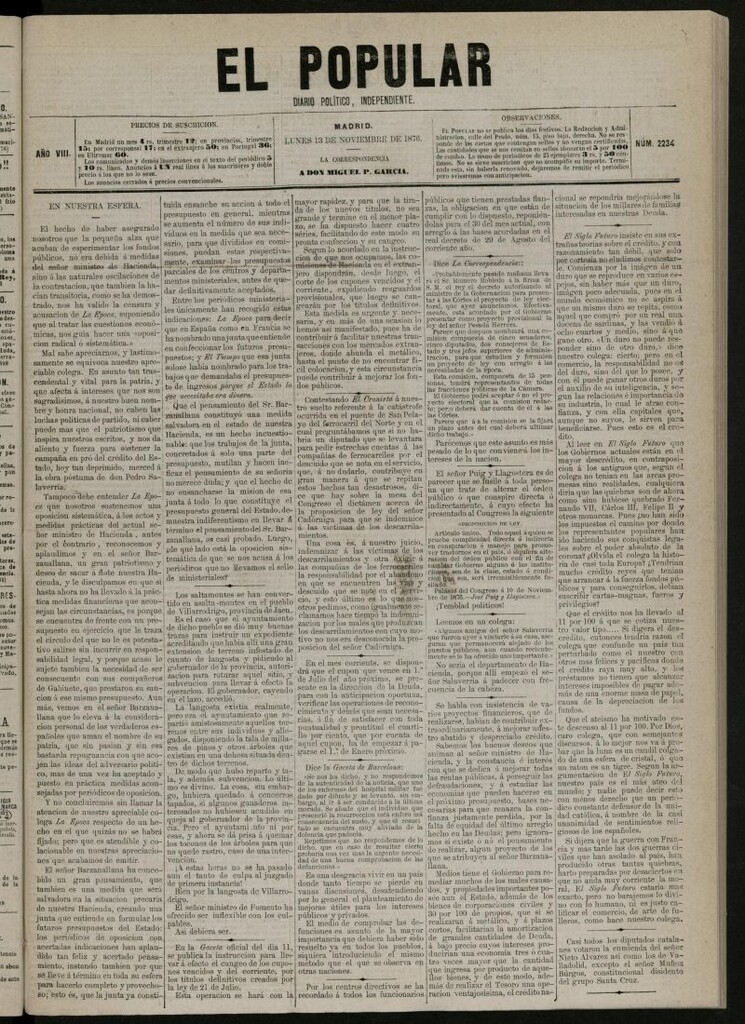 Miniatura de El Popular: diario independiente, político, literario y de noticias de interés general del 13 de noviembre de 1876, nº 2234