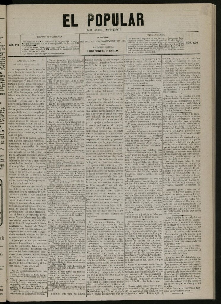Miniatura de El Popular: diario independiente, político, literario y de noticias de interés general del 15 de noviembre de 1876, nº 2236