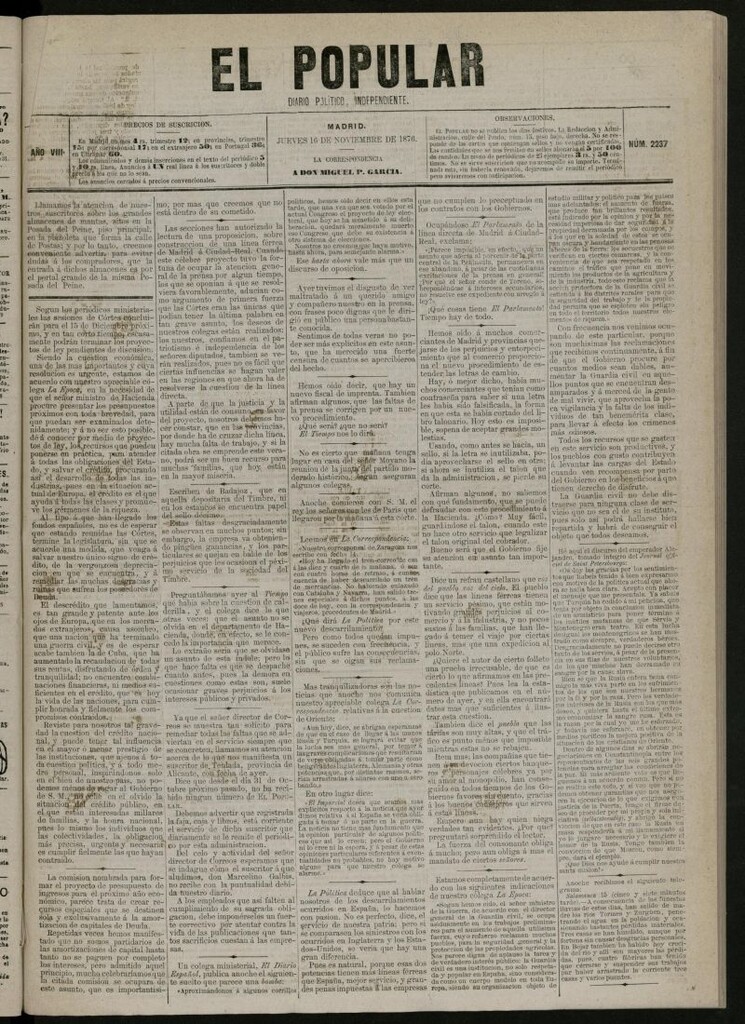 Miniatura de El Popular: diario independiente, político, literario y de noticias de interés general del 16 de noviembre de 1876, nº 2237