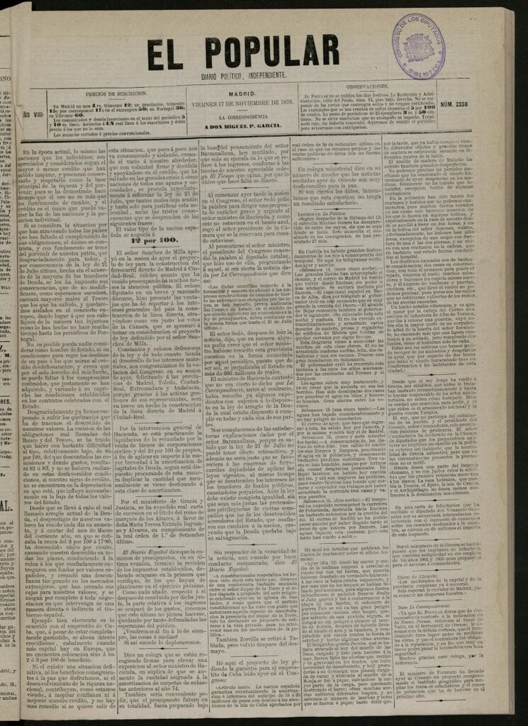 Miniatura de El Popular: diario independiente, político, literario y de noticias de interés general del 17 de noviembre de 1876, nº 2238