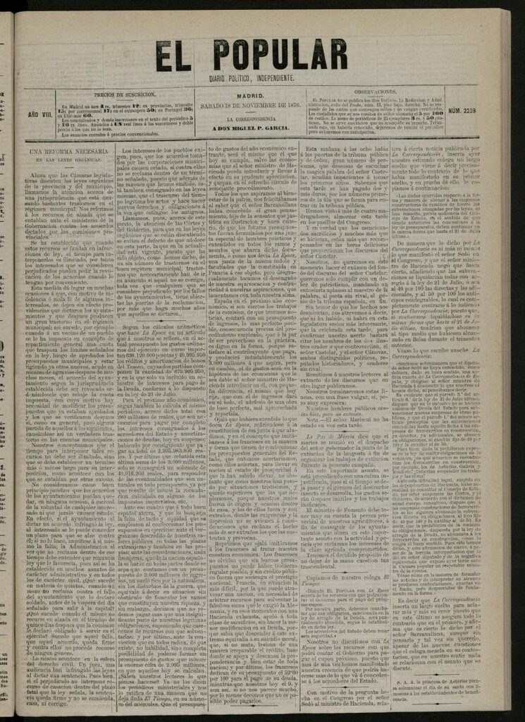 Miniatura de El Popular: diario independiente, político, literario y de noticias de interés general del 18 de noviembre de 1876, nº 2239