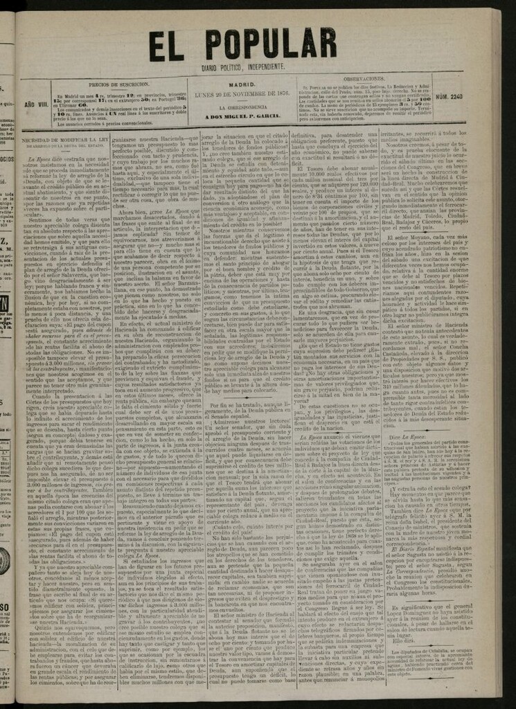Miniatura de El Popular: diario independiente, político, literario y de noticias de interés general del 20 de noviembre de 1876, nº 2240