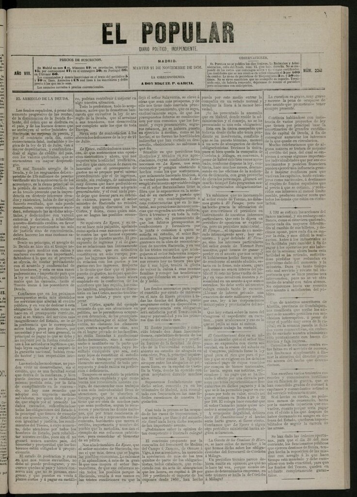 Miniatura de El Popular: diario independiente, político, literario y de noticias de interés general del 21 de noviembre de 1876, nº 2241