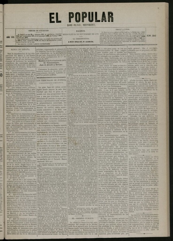 Miniatura de El Popular: diario independiente, político, literario y de noticias de interés general del 22 de noviembre de 1876, nº 2242