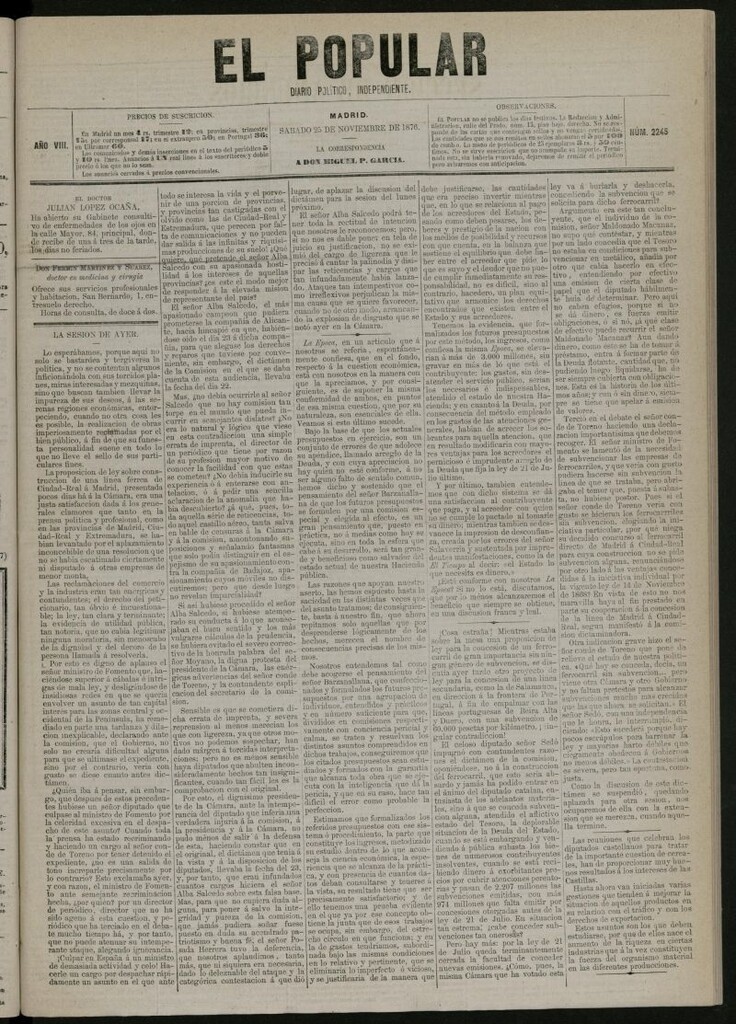 Miniatura de El Popular: diario independiente, político, literario y de noticias de interés general del 25 de noviembre de 1876, nº 2245