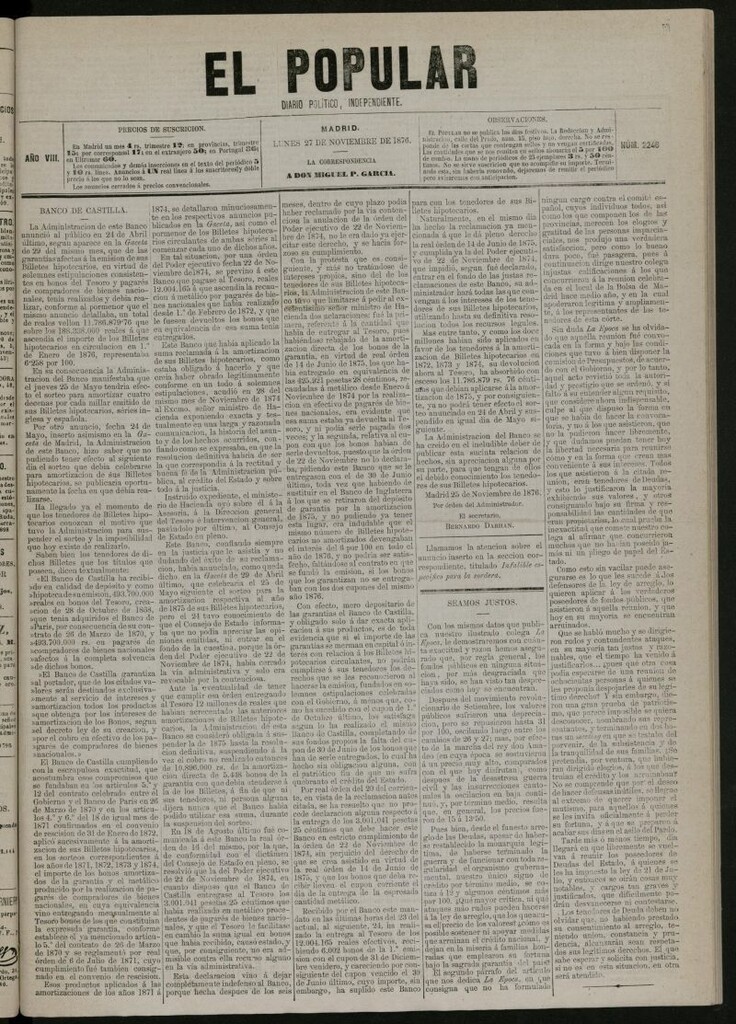 Miniatura de El Popular: diario independiente, político, literario y de noticias de interés general del 27 de noviembre de 1876, nº 2246