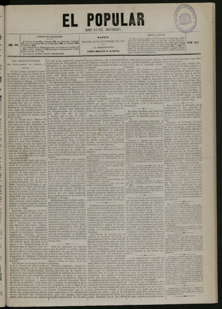 Miniatura de El Popular: diario independiente, político, literario y de noticias de interés general del 28 de noviembre de 1876, nº 2247