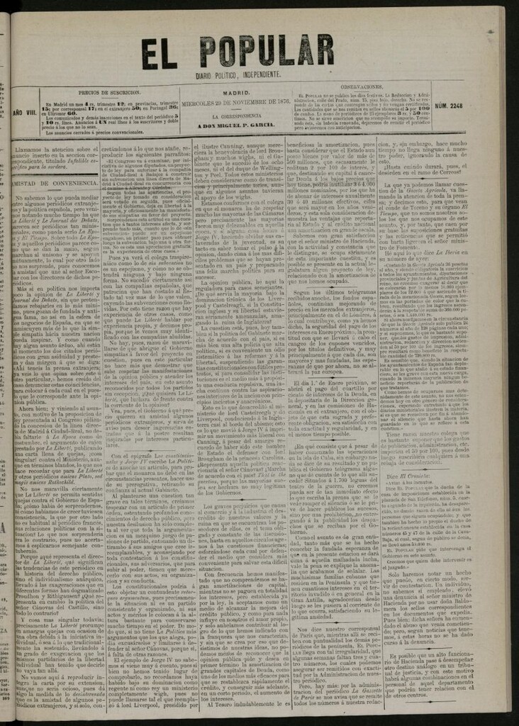 Miniatura de El Popular: diario independiente, político, literario y de noticias de interés general del 29 de noviembre de 1876, nº 2248