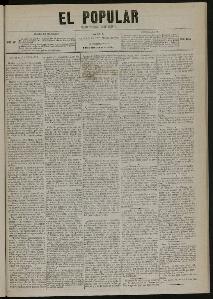 Miniatura de El Popular: diario independiente, político, literario y de noticias de interés general del 30 de noviembre de 1876, nº 2249