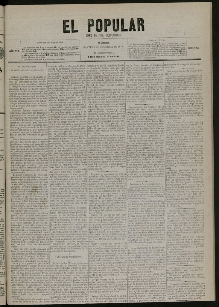 Miniatura de El Popular: diario independiente, político, literario y de noticias de interés general del 5 de diciembre de 1876, nº 2253