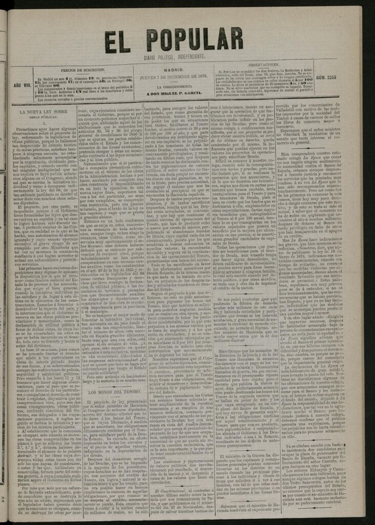 Miniatura de El Popular: diario independiente, político, literario y de noticias de interés general del 7 de diciembre de 1876, nº 2255