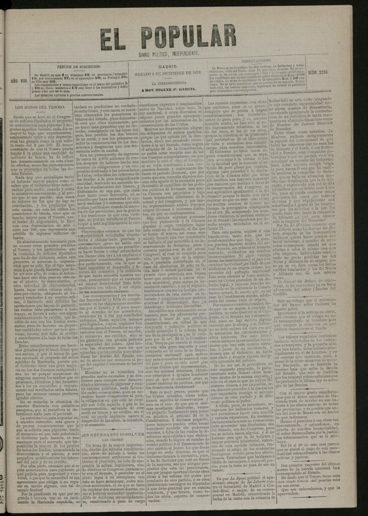 Miniatura de El Popular: diario independiente, político, literario y de noticias de interés general del 9 de diciembre de 1876, nº 2256