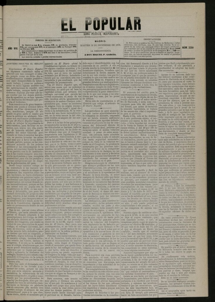 Miniatura de El Popular: diario independiente, político, literario y de noticias de interés general del 12 de diciembre de 1876, nº 2258