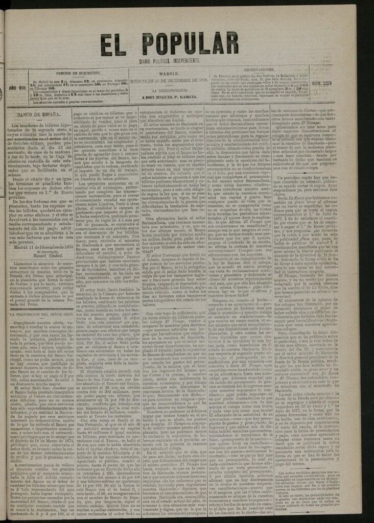 Miniatura de El Popular: diario independiente, político, literario y de noticias de interés general del 13 de diciembre de 1876, nº 2259