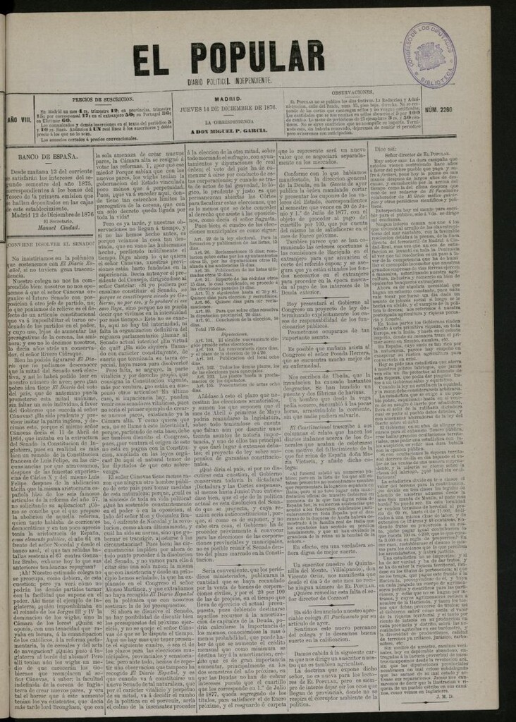 Miniatura de El Popular: diario independiente, político, literario y de noticias de interés general del 14 de diciembre de 1876, nº 2260