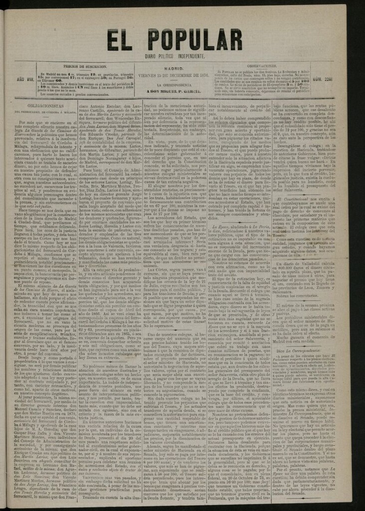 Miniatura de El Popular: diario independiente, político, literario y de noticias de interés general del 15 de diciembre de 1876, nº 2261