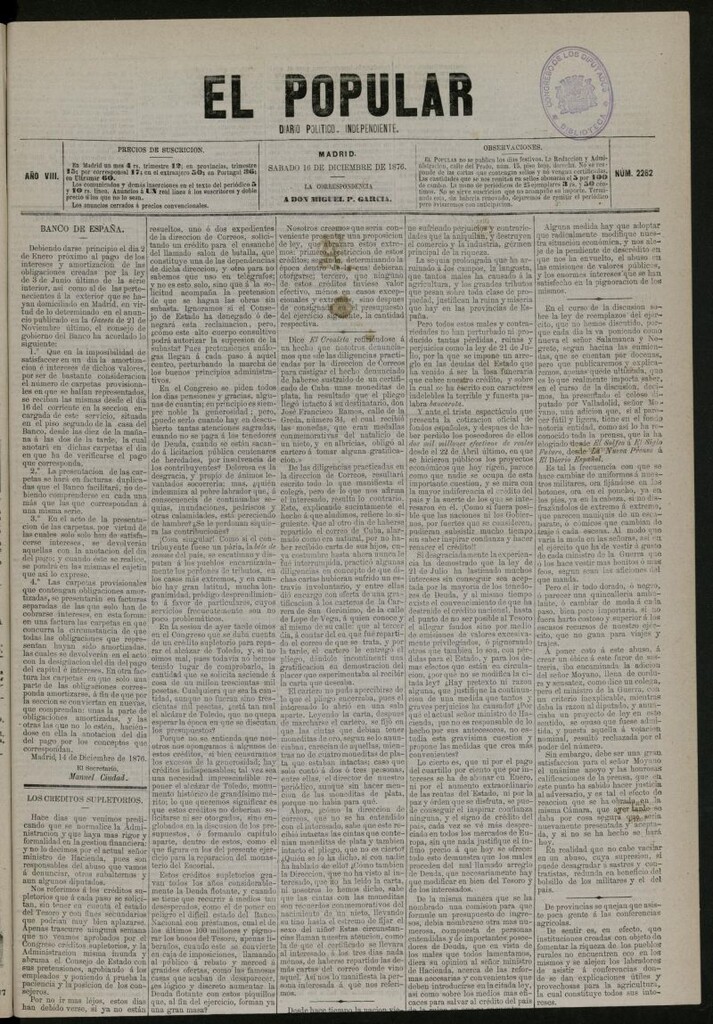 Miniatura de El Popular: diario independiente, político, literario y de noticias de interés general del 16 de diciembre de 1876, nº 2262