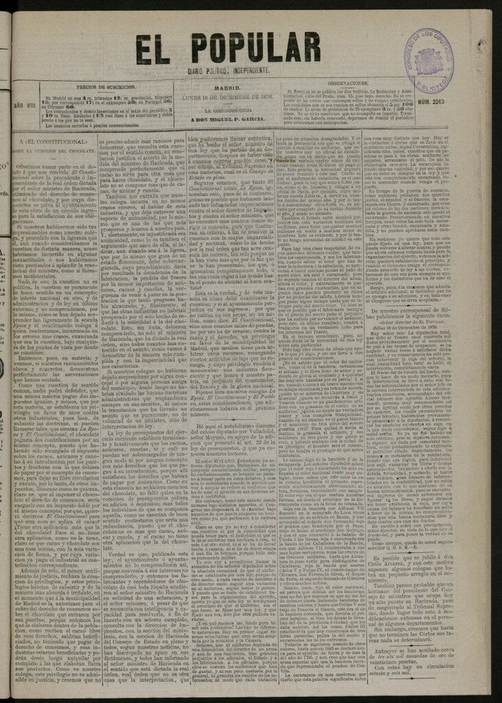 Miniatura de El Popular: diario independiente, político, literario y de noticias de interés general del 18 de diciembre de 1876, nº 2263