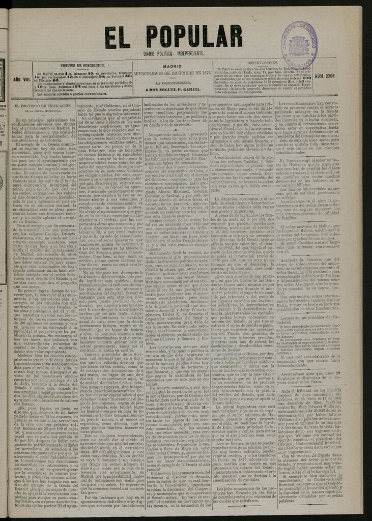 Miniatura de El Popular: diario independiente, político, literario y de noticias de interés general del 20 de diciembre de 1876, nº 2265