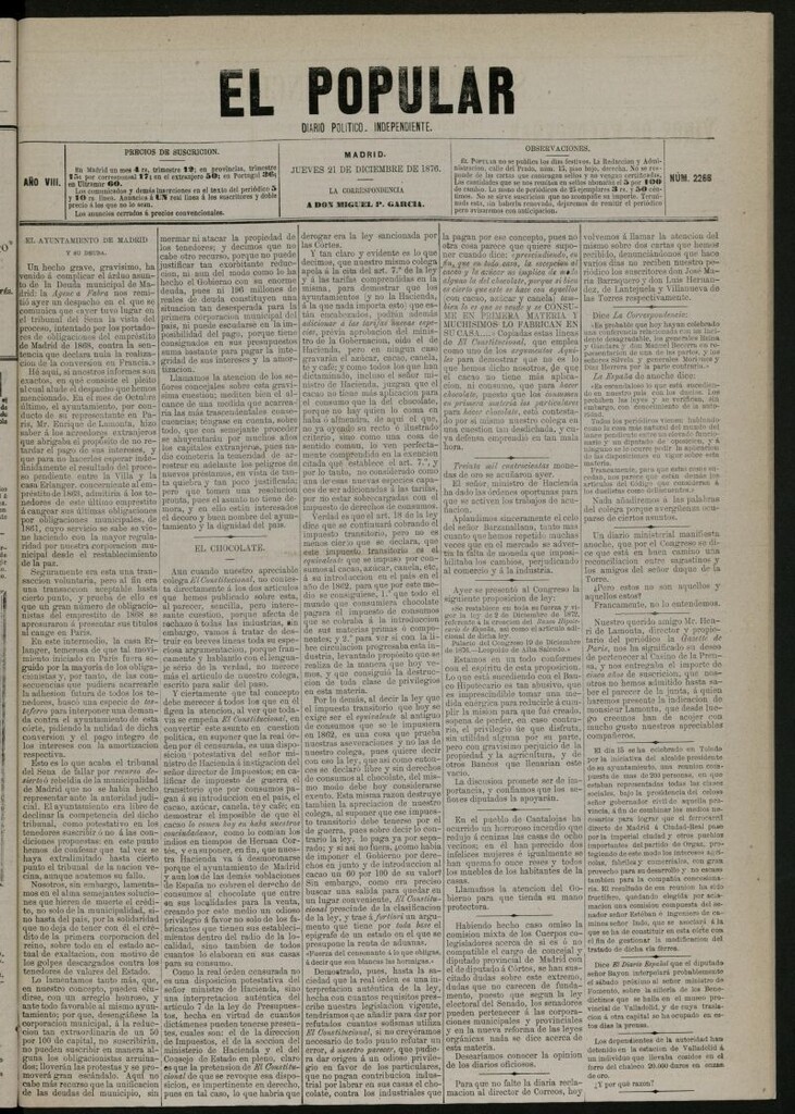 Miniatura de El Popular: diario independiente, político, literario y de noticias de interés general del 21 de diciembre de 1876, nº 2266