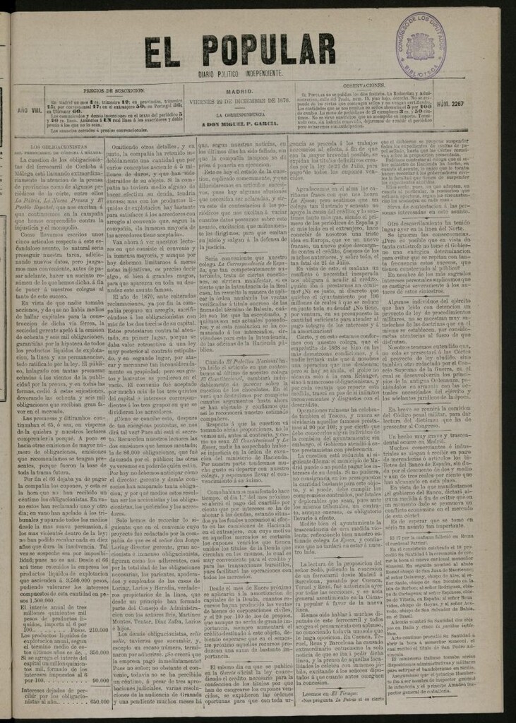 Miniatura de El Popular: diario independiente, político, literario y de noticias de interés general del 22 de diciembre de 1876, nº 2267
