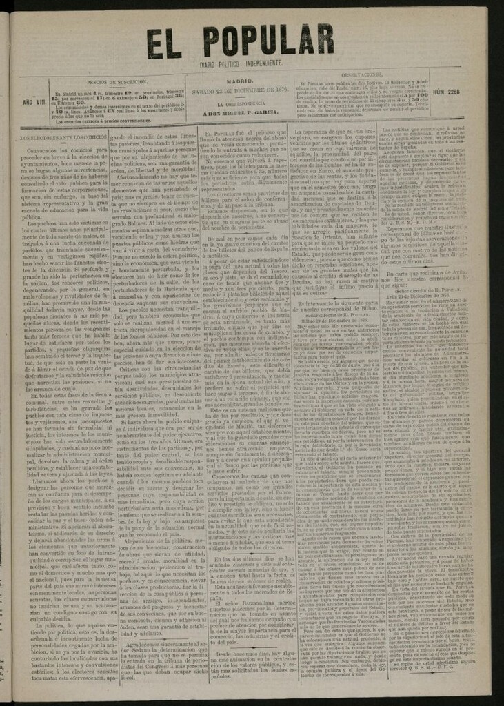 Miniatura de El Popular: diario independiente, político, literario y de noticias de interés general del 23 de diciembre de 1876, nº 2268