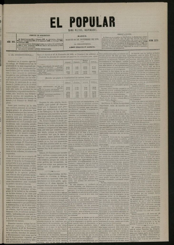 Miniatura de El Popular: diario independiente, político, literario y de noticias de interés general del 26 de diciembre de 1876, nº 2270