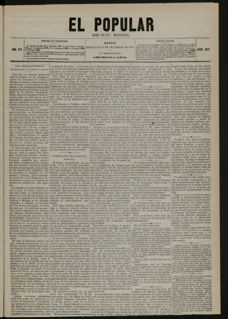 Miniatura de El Popular: diario independiente, político, literario y de noticias de interés general del 27 de diciembre de 1876, nº 2271