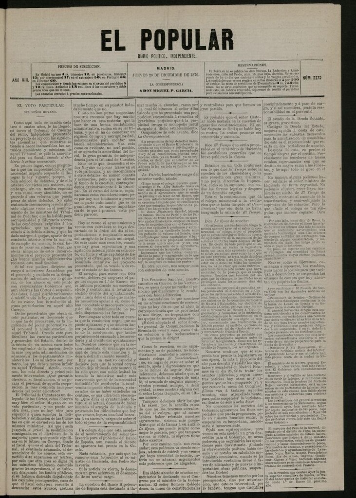 Miniatura de El Popular: diario independiente, político, literario y de noticias de interés general del 28 de diciembre de 1876, nº 2272