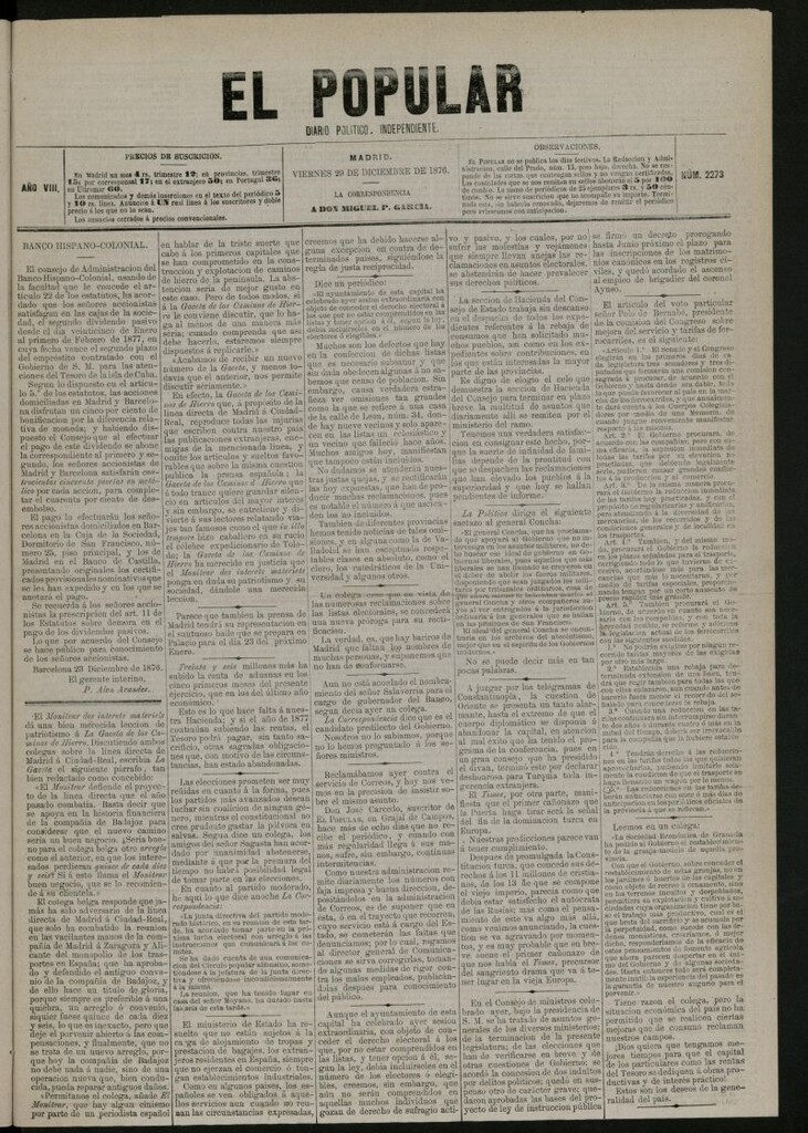 Miniatura de El Popular: diario independiente, político, literario y de noticias de interés general del 29 de diciembre de 1876, nº 2273