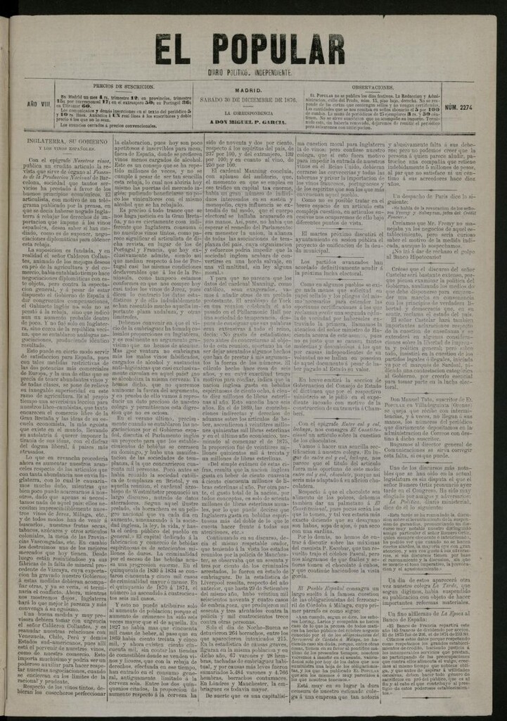 Miniatura de El Popular: diario independiente, político, literario y de noticias de interés general del 30 de diciembre de 1876, nº 2274