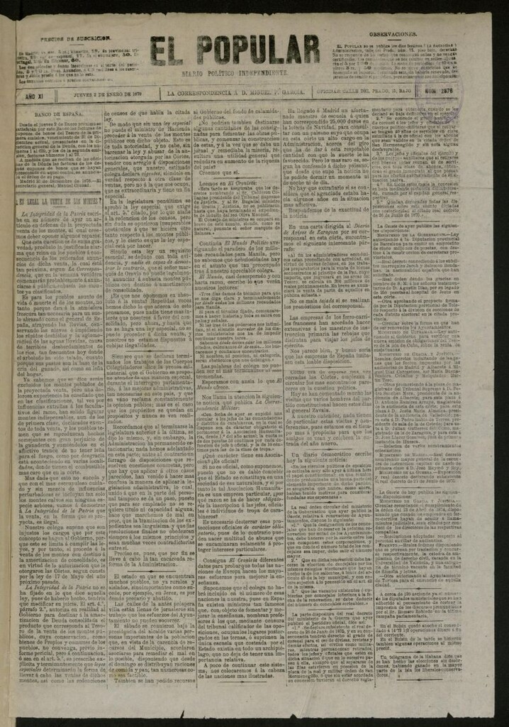 Miniatura de El Popular: diario independiente, político, literario y de noticias de interés general del 2 de enero de 1879, nº 2876