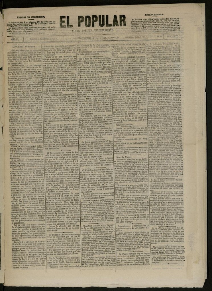 Miniatura de El Popular: diario independiente, político, literario y de noticias de interés general del 3 de enero de 1879, nº 2877