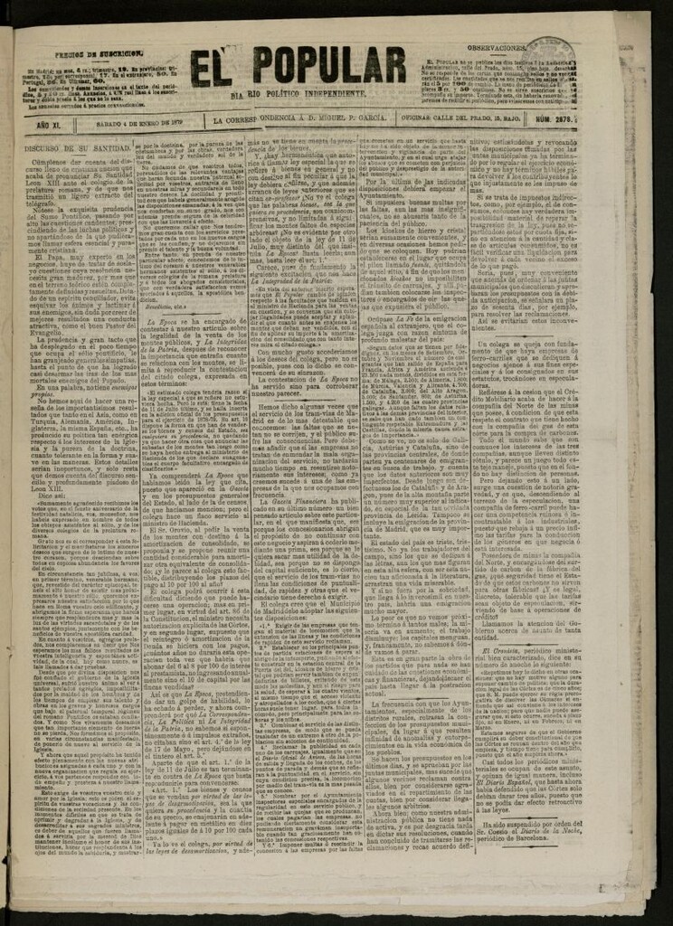 Miniatura de El Popular: diario independiente, político, literario y de noticias de interés general del 4 de enero de 1879, nº 2878